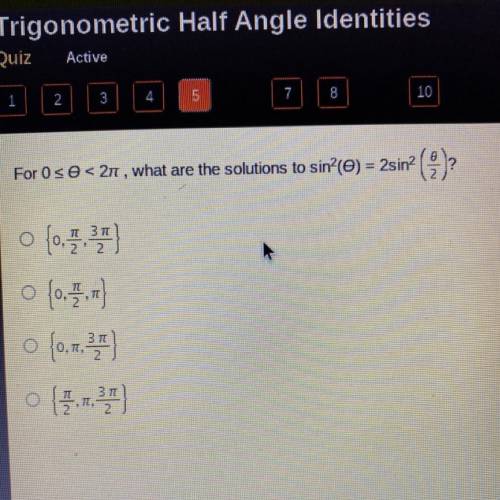 For 0 ≤ θ < 2 π what are the solutions to sin^2(θ) =2sin^2(θ/2)
