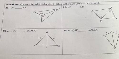 Directions: Compare the sides and angles by filling in the blank with a < or > symbol.