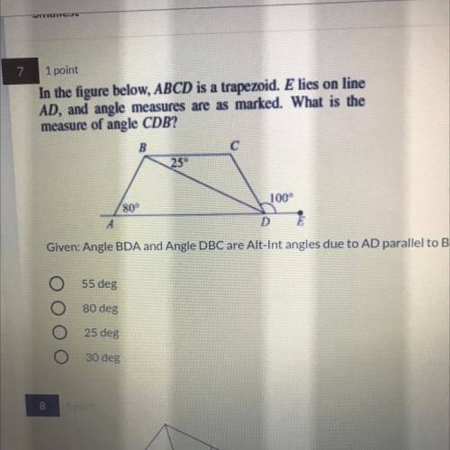 In the figure below, ABCD is a trapezoid. E lies on line

AD, and angle measures are as marked. Wh
