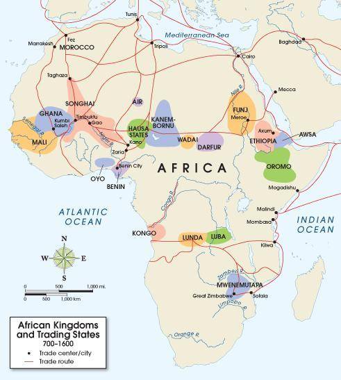 The map below shows kingdoms, cities, and trade routes of Africa in the period 700–1600 CE. Use the