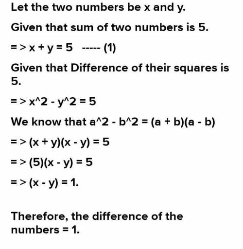 2. The sum of the two number is 5 and difference of their squares is 5. Find the difference of the n