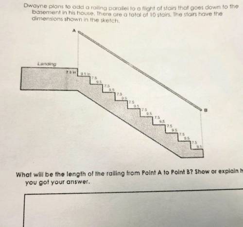 Dwayne plans to add a railing parallel to a flight of stairs that goes down to the basement in his