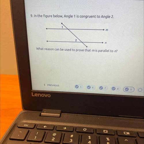 9. In the figure below, Angle 1 is congruent to Angle 2.

What reason can be used to prove that mi