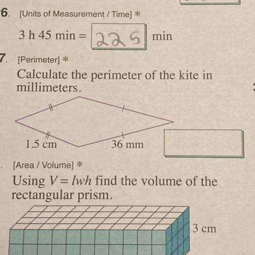 Calculate the perimeter of the kite in millimeters. 
1.5 cm
1.5cm
36mm
36mm