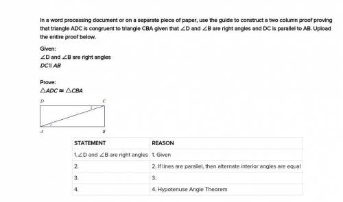 Please help asap

Given:
∠D and ∠B are right angles
DC || AB
Prove:
△ADC ≅ △CBA