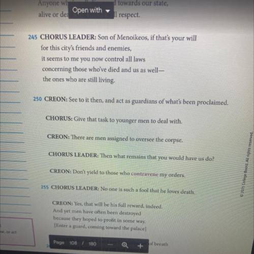 Reread lines 245-249 using evidence from the text, discuss how the chorus’s view of Creon’s control