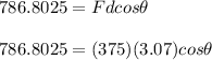 786.8025 = Fdcos\theta\\\\786.8025 = (375)(3.07)cos\theta