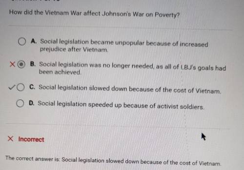Question 1 of 10 How did the Vietnam War affect Johnson's War on Poverty? O A. Social legislation b