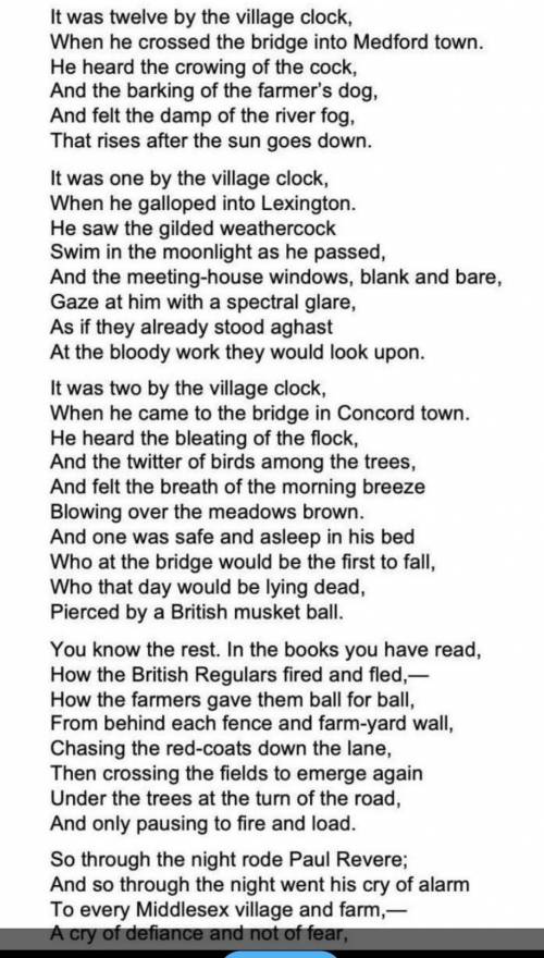 Read the excerpt of the poem Then answer the question. Excerpt from  Paul Revere's Ride by Henry