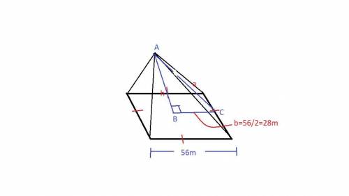 The figure is a square based pyramid. Total surface area of the pyramid is 9072m³. If the length of