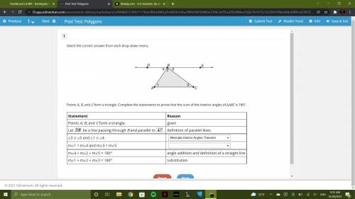 Points A, B, and C form a triangle. Complete the statements to prove that the sum of the interior a