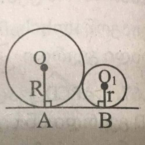 Two circles, with radiuses R and r touching each other from the outside. What is the value of AB.