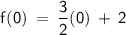 \displaystyle\mathsf{f(0)\:=\:\frac{3}{2}(0)\:+\:2 }