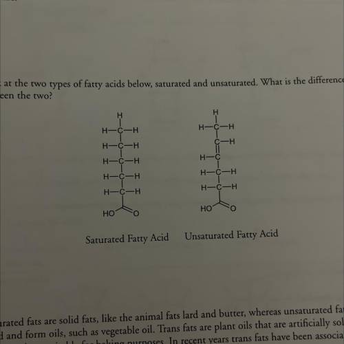 Look at the two types of fatty acids below, saturated and unsaturated. What is the difference betwe