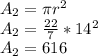A_{2} =\pi r^2\\A_{2}=\frac{22}{7}*14^2\\A_2=616