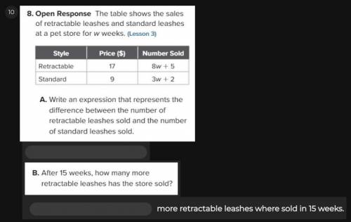 The table shows the sales of retractable leashes and standard leashes at a pet store for w weeks