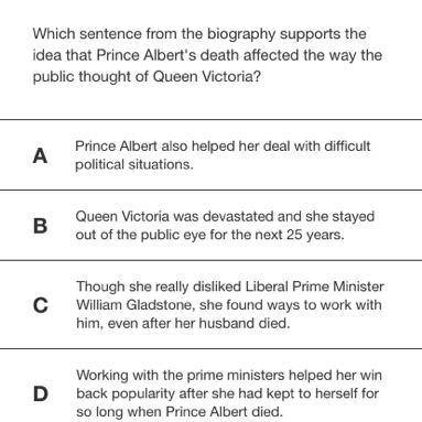 Which sentence from the biography supports the idea that Prince Albert's death affected the way the
