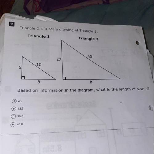 Triangle 2 is a scale drawing of Triangle 1.

Based on information in the diagram, what is the len