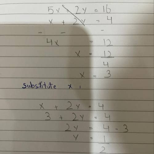 ? Solve the simultaneous equations
5x + 2y = 16
x + 2y = 4