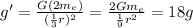 g' = \frac{G(2m_e)}{(\frac{1}{3}r)^2} = \frac{2Gm_e}{\frac{1}{9}r^2} = 18g