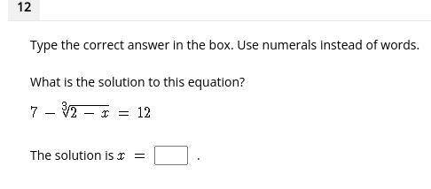 Type the correct answer in the box. Use numerals instead of words.

What is the solution to this e