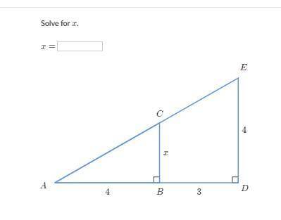 Solve similar triangles:
Solve for x.