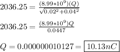 2036.25 = \frac{(8.99*10^9)(Q)}{\sqrt{0.02^2 + 0.04^2}}\\\\2036.25 = \frac{(8.99*10^9)Q}{0.0447} \\\\Q = 0.000000010127 = \boxed{10.13nC}