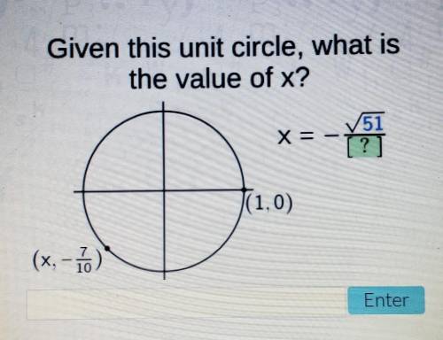 Given this unit circle, what is the value of x? (x, -7/10)(1,0)