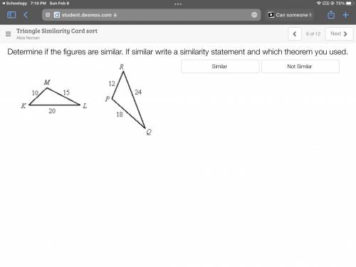 Help me please.

Determine if the figures are similar. If similar write a similarity statement and