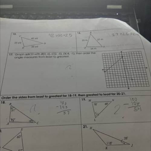 graph bcd with b(0,6) c (2,-5)d(-8,-1) then order the angle measures from least to greatest. i don’