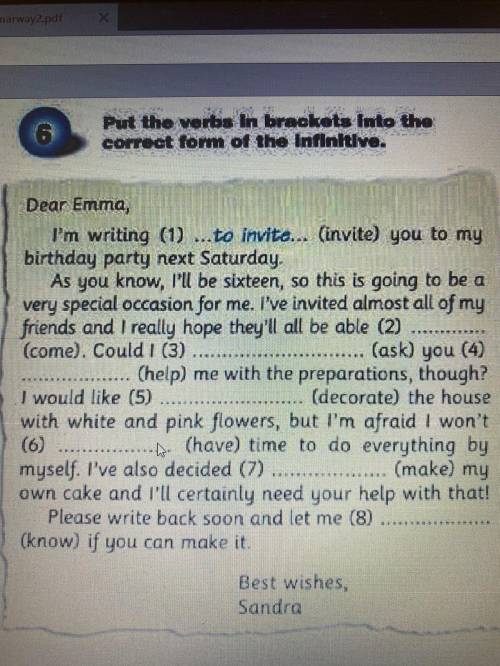 Dear Emma, I'm writing (1) ______ (invite) you to my birthday party next Saturday. As you know, I'l