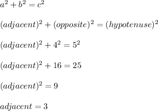 a^2+b^2=c^2\\\\(adjacent)^2+(opposite)^2=(hypotenuse)^2\\\\(adjacent)^2+4^2=5^2\\\\(adjacent)^2+16=25\\\\(adjacent)^2=9\\\\adjacent=3