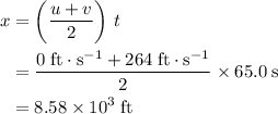 \begin{aligned}x &= \left(\frac{u + v}{2}\right)\, t \\ &= \frac{0\; {\rm ft \cdot s^{-1}} + 264\; {\rm ft \cdot s^{-1}}}{2} \times 65.0\; {\rm s} \\ &= 8.58\times 10^{3}\; {\rm ft}\end{aligned}