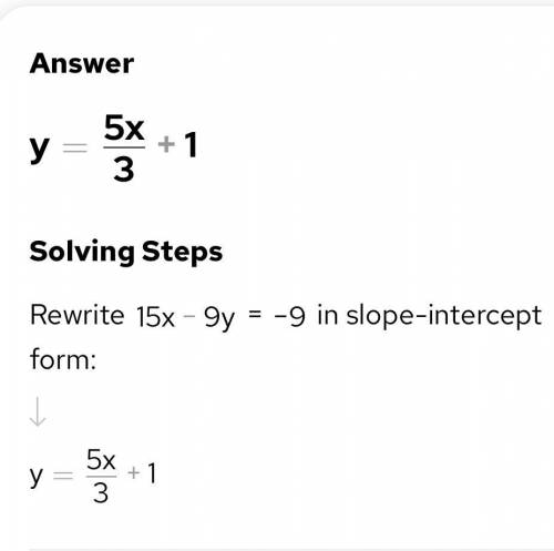 Put the following equation of a line into slope-intercept form, simplifying all fractions.

15x-9y=