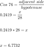 Cos \ 76 =\dfrac{adjacent \ side}{hypotenuse}\\\\0.2419=\dfrac{x}{28}\\\\\\0.2419*28=x\\\\\\x=6.7732