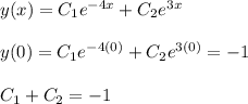 y(x)=C_1e^{-4x}+C_2e^{3x}\\\\y(0)=C_1e^{-4(0)}+C_2e^{3(0)}=-1\\\\C_1+C_2=-1