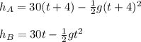 h_A = 30(t+ 4) - \frac{1}{2} g(t+ 4)^2\\\\h_B = 30t - \frac{1}{2} gt^2
