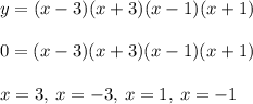 y=(x-3)(x+3)(x-1)(x+1)\\\\0=(x-3)(x+3)(x-1)(x+1)\\\\x=3,\:x=-3,\:x=1,\:x=-1