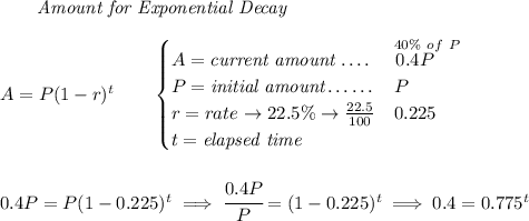 \qquad \textit{Amount for Exponential Decay} \\\\ A=P(1 - r)^t\qquad \begin{cases} A=\textit{current amount}\dotfill &\stackrel{40\%~of~P}{0.4P~~~~}\\ P=\textit{initial amount}\dotfill &P\\ r=rate\to 22.5\%\to \frac{22.5}{100}\dotfill &0.225\\ t=\textit{elapsed time}\\ \end{cases} \\\\\\ 0.4P=P(1-0.225)^t\implies \cfrac{0.4P}{P}=(1-0.225)^t\implies 0.4=0.775^t