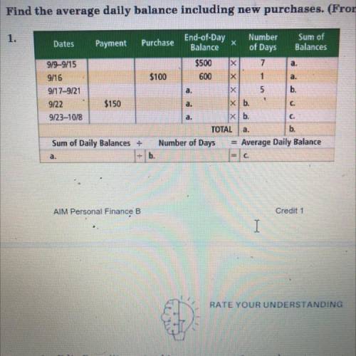 Find the average daily balance including new purchases. check the finance charge and the new balanc
