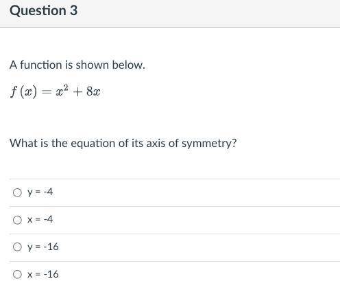 A function is shown below. What is the equation of its axis of symmetry? Group of answer choices y