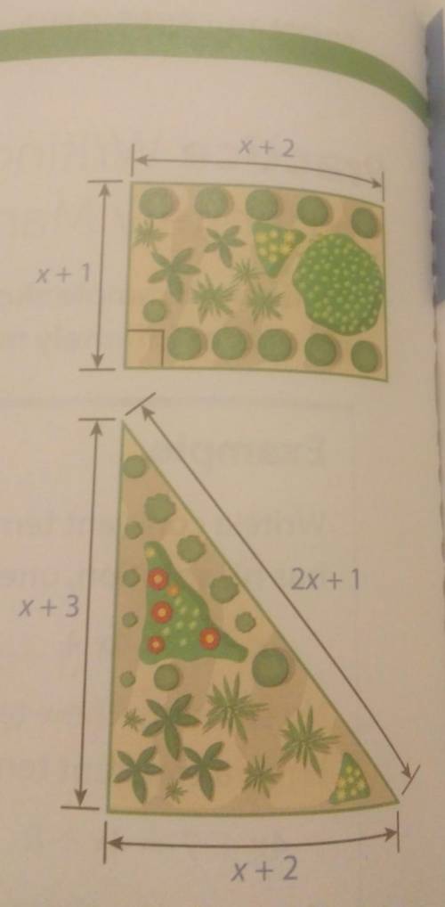 Two garden beds are shown. the perimeters of the two gardens are equal.

Part A write an equation