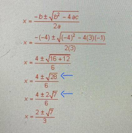 Solve 3x^2-4x-1=0

Can someone please explain to me how it went from 4 +/- the square root of 28 t