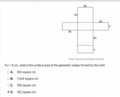 If x = 8 cm, what is the surface area of the geometric shape formed by this net?

A. 
384 square c