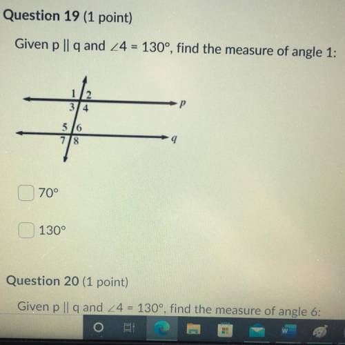 Given p | q and 24 = 130°, find the measure of angle 1:

P
34
5 6
78
9
70°
130°
HELP!!