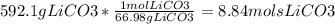 592.1 g LiCO3*\frac{1 mol LiCO3}{66.98 g LiCO3}=8.84 mols LiCO3