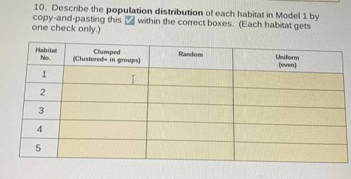 10. Describe the population distribution of each habitat in Model 1 by

copy-and-pasting this with