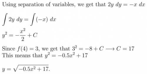 Given the differential equation dy/dx= -x/2y, find the particular solution, y = f(x), with the initi