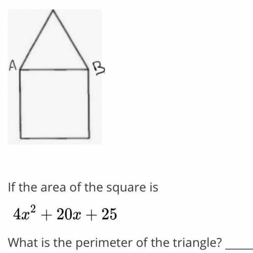 An equilateral triangle (all 3 sides are the same length) sits on top of a square. They both share