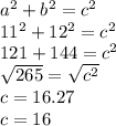 a^{2} +b^{2} =c^{2} \\11^2+12^2=c^2\\121+144=c^{2} \\\sqrt{265} =\sqrt{c^2} \\c=16.27\\c=16